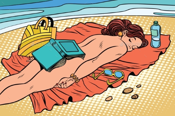 Naked Woman Sunbathing on the Beach - People Characters