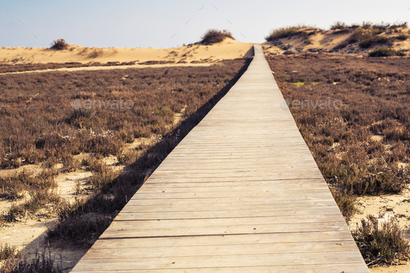 Concept of ambition, achievement and long way - wooden beach boardwalk path - Stock Photo - Images