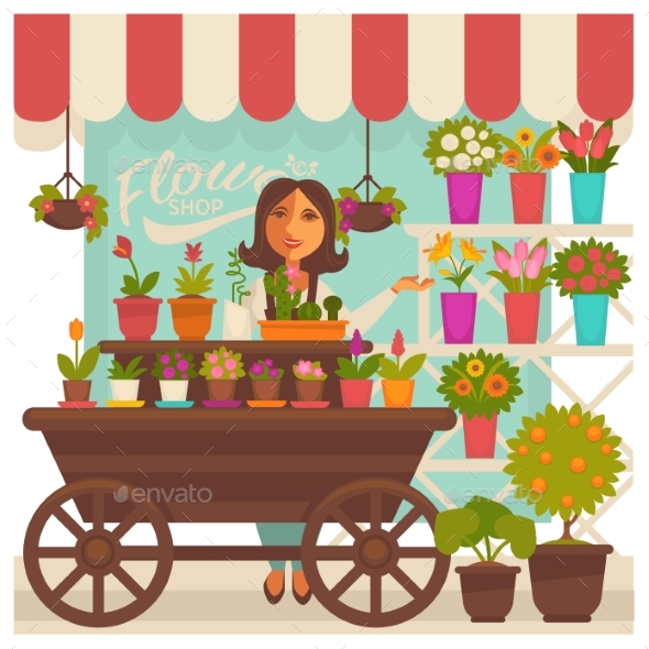 Florist Woman Near Flower Shop Showcase - Flowers & Plants Nature