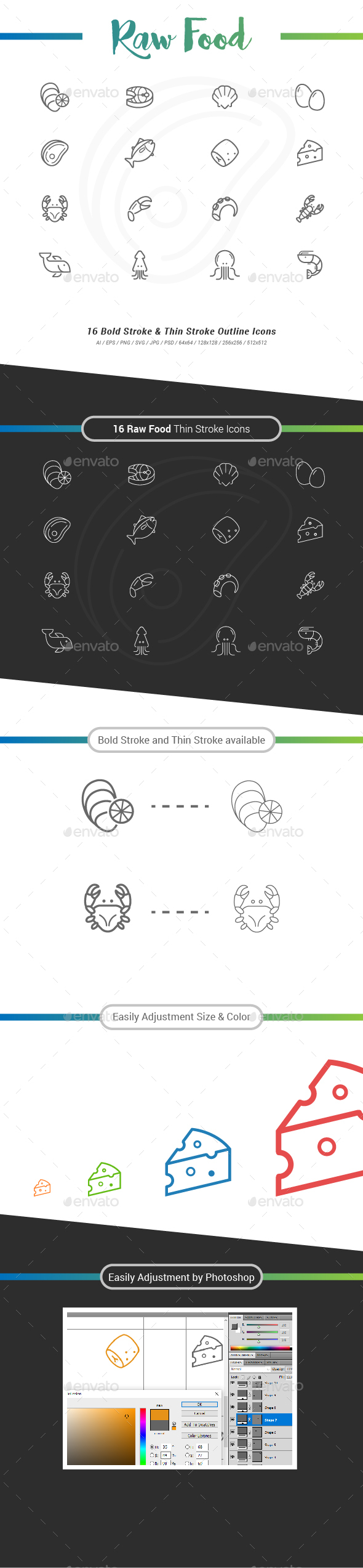 16 Raw Food Outline Stroke Icons - Food Objects