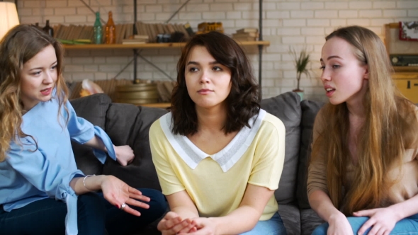 Two Haughty Girls Mock the Third One, Who Is Depressed and Very Sad alt
