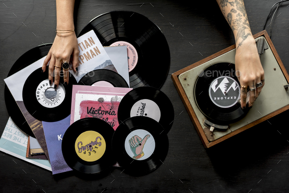 Tattoo Woman with Music Vinyl Record Disc with Player - Stock Photo - Images