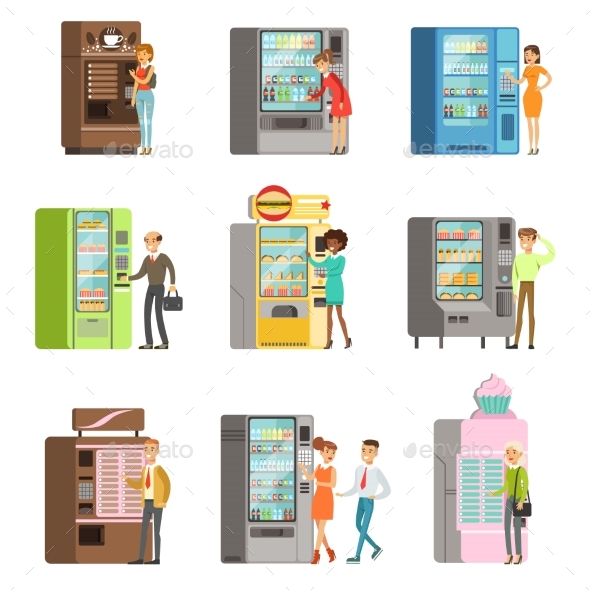 Consumers Standing Near Vending Machine and Going - Food Objects