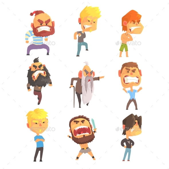 Angry and Exasperated Men Set for Label Design - People Characters