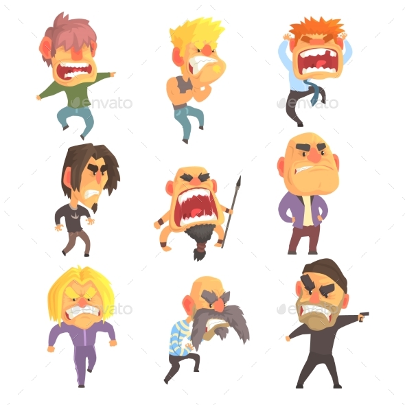 Angry Furious Men Set for Label Design - People Characters