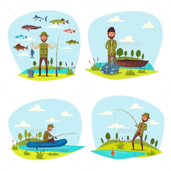 Fisher Man Fishing Vector Big Fish Catch - Sports/Activity Conceptual