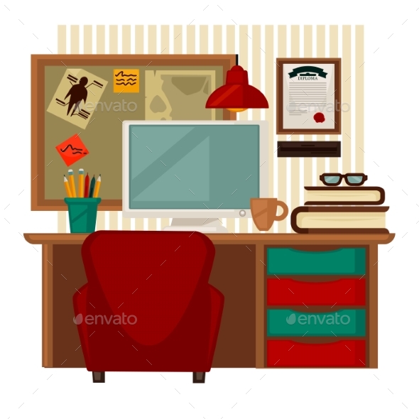 Home Workplace Vector Colorful Illustration - Man-made Objects Objects
