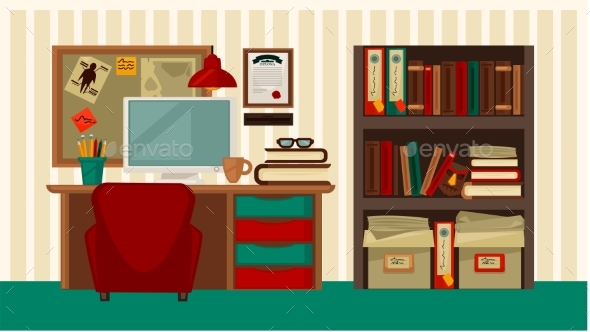 Comfortable Workplace in House Colorful Vector - Computers Technology