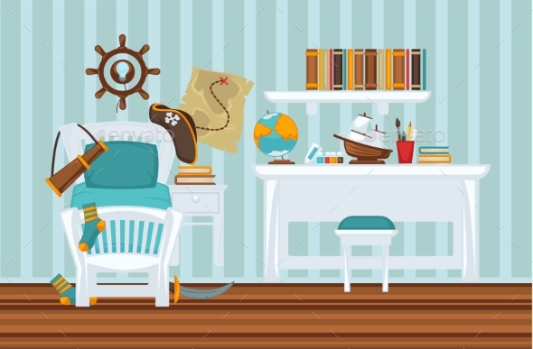 Boy's Room in Pirate Style Colorful Flat - Objects Vectors