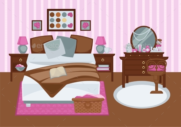 Bedroom for Girl in Pink Colors Flat Illustration - Buildings Objects