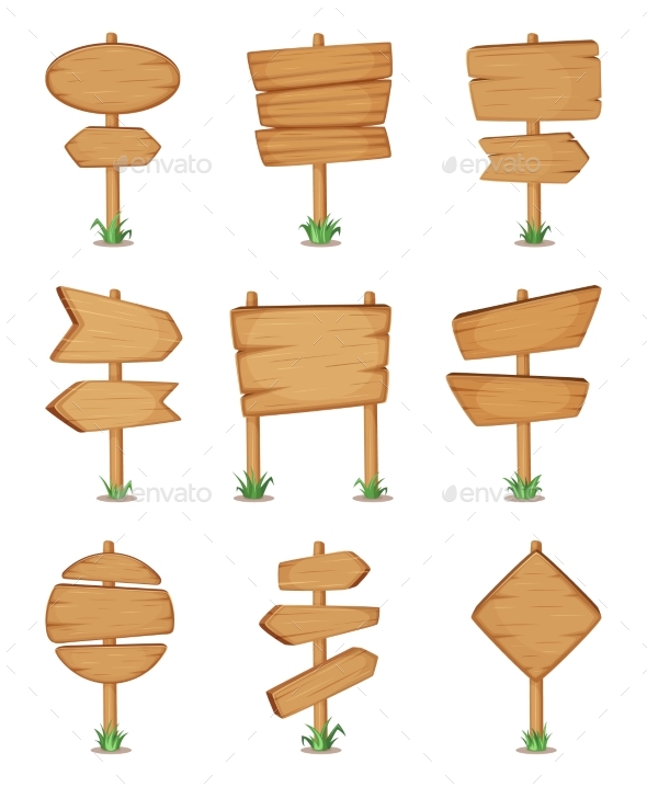 Empty Wooden Round and Square Signpost Standing - Objects Vectors