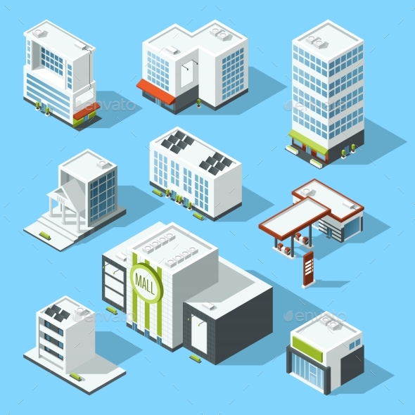 Vector Isometric Illustrations of Hypermarket - Buildings Objects