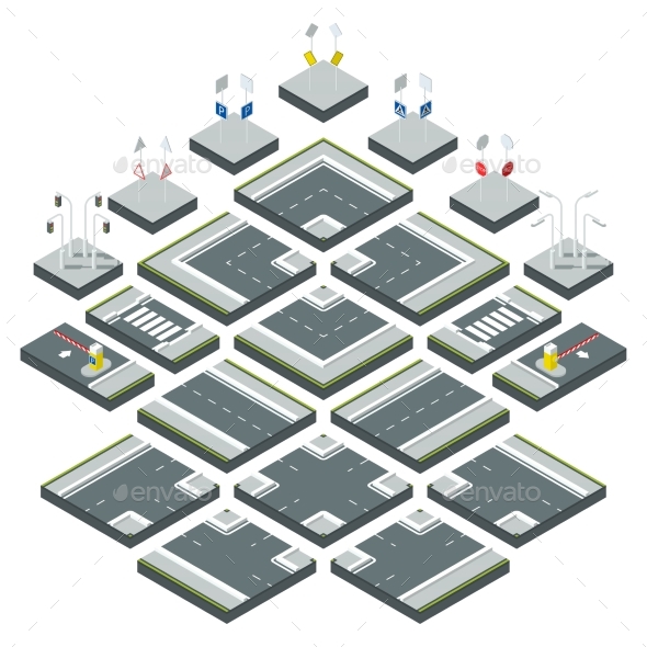 Isometric City Roads, Different Signs - Objects Vectors