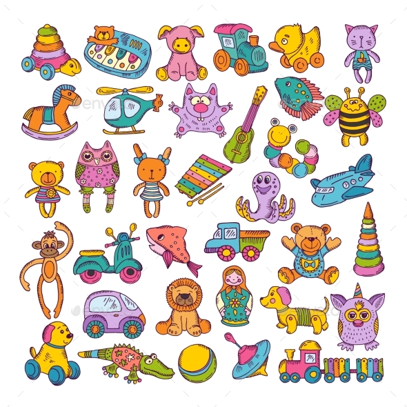 Color Icons of Children Toys. Hand Drawn Vector - Objects Vectors