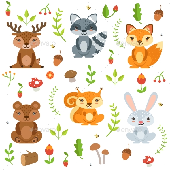 Funny Forest Animals and Floral Elements Isolate - Animals Characters