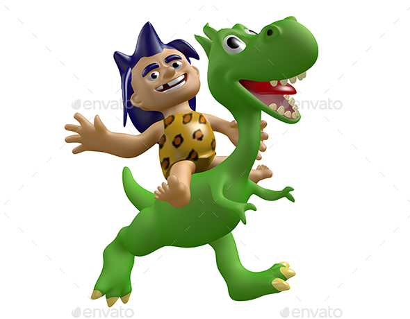 Cartoon Savage Boy Rides on a Cute Dinosaur - Characters 3D Renders
