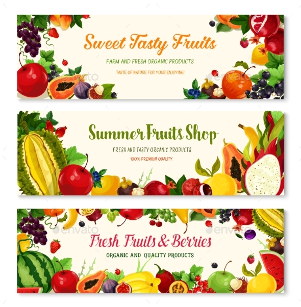 Fruits and Berries Vector Farm Banners Templates - Food Objects
