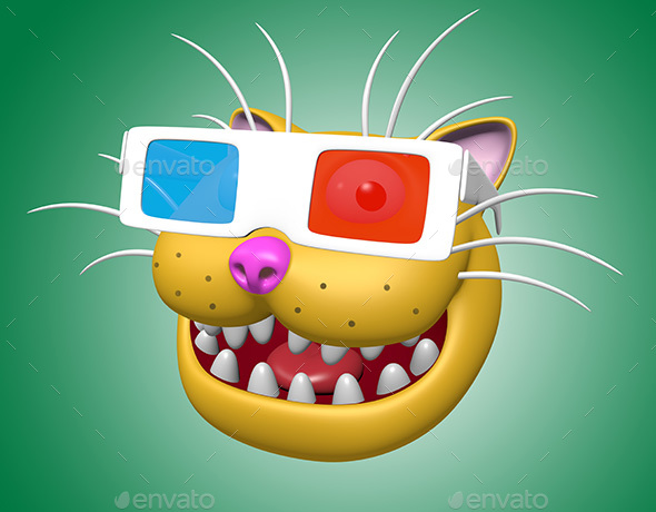 Cartoon Smiling Cat Head in 3D Glasses - Characters 3D Renders