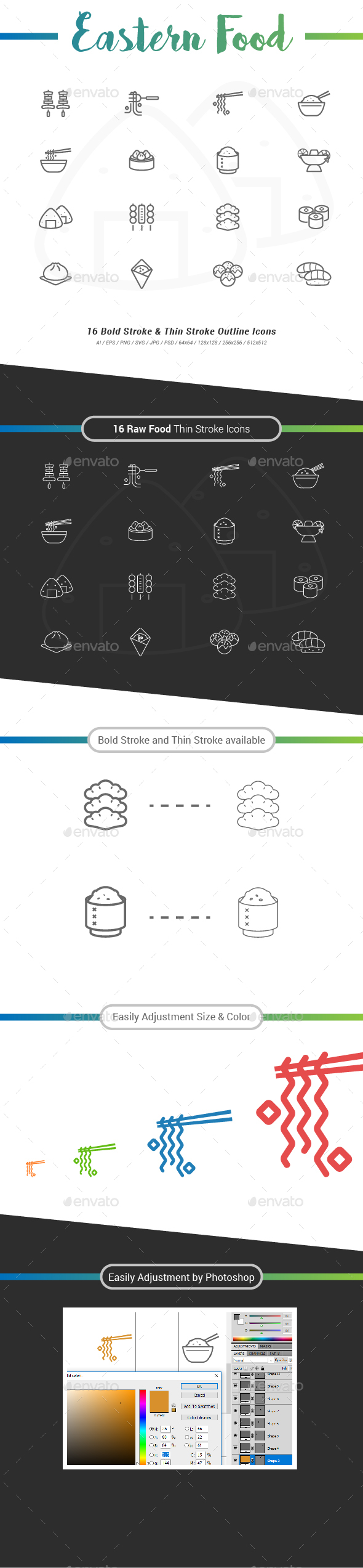 16 Eastern Food Outline Stroke Icons - Food Objects
