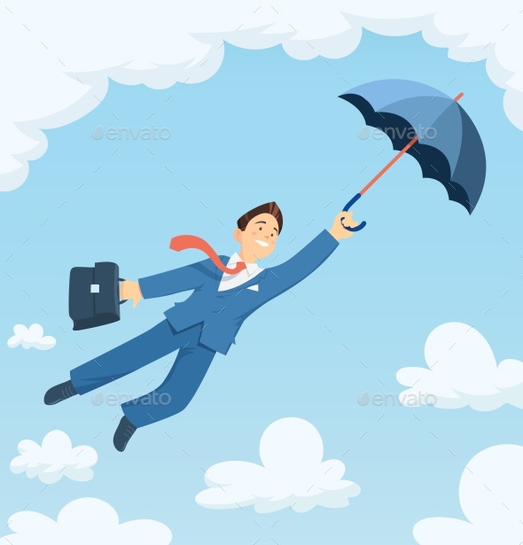 Businessman Flying with Umbrella in Sky - People Characters