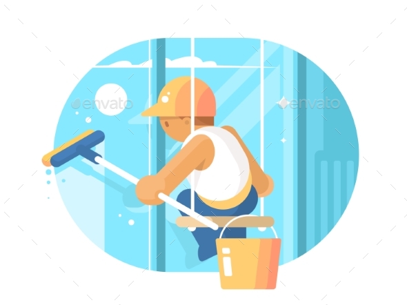 Window Cleaner Washes Glass - People Characters