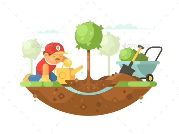 Gardener Watering Seedling - People Characters