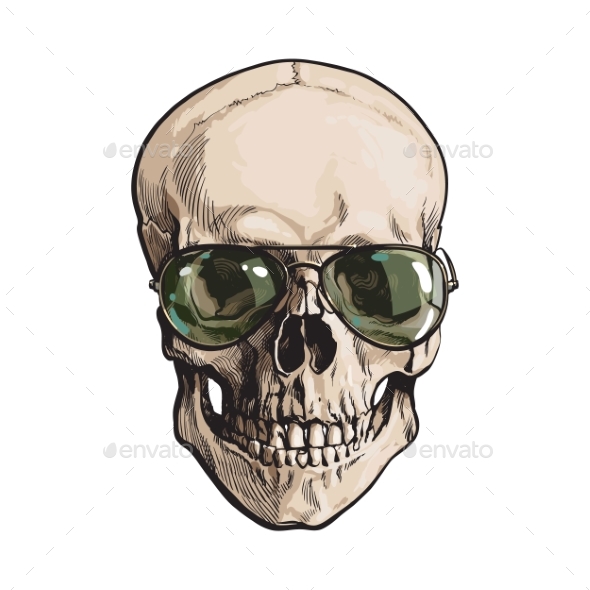 Hand Drawn Human Skull Wearing Green Aviators - People Characters