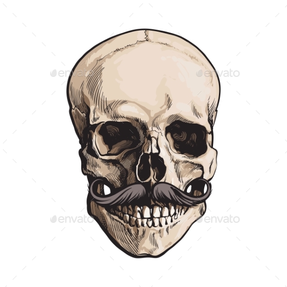 Human Skull with Curled Upward Hipster Mustache - People Characters