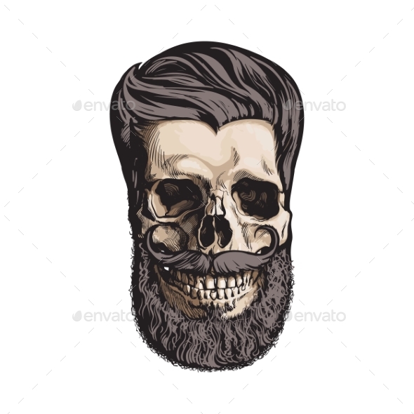 Human Skull with Hipster Hairdo and Beard - People Characters