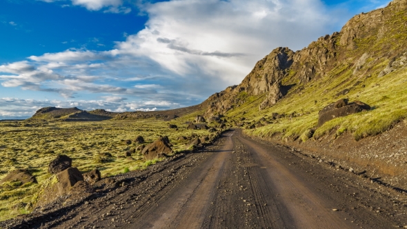 Moss-covered Lava Fields and Track  in Iceland alt