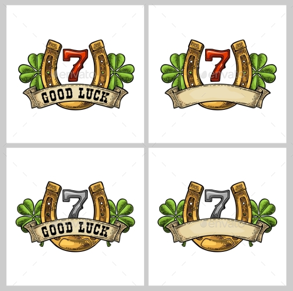 Four Leaf Clover, Horseshoe, Ribbon with Text Good - Miscellaneous Vectors