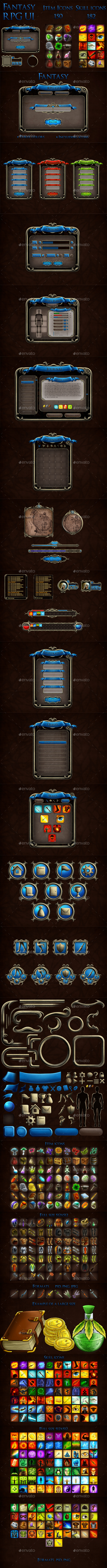Fantasy RPG UI with 150 Item Icons and 182 Skill Icons - Game Kits Game Assets