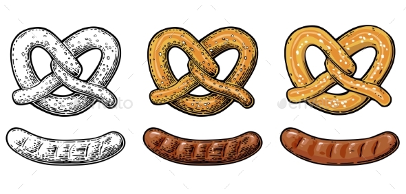 Pretzel and Sausage Vintage Vector - Food Objects