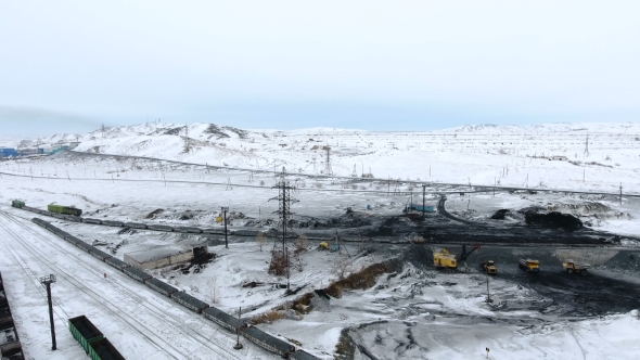 Aerial View of Ore Storage Producing Copper in Winter. Large Industrial Area From Above.