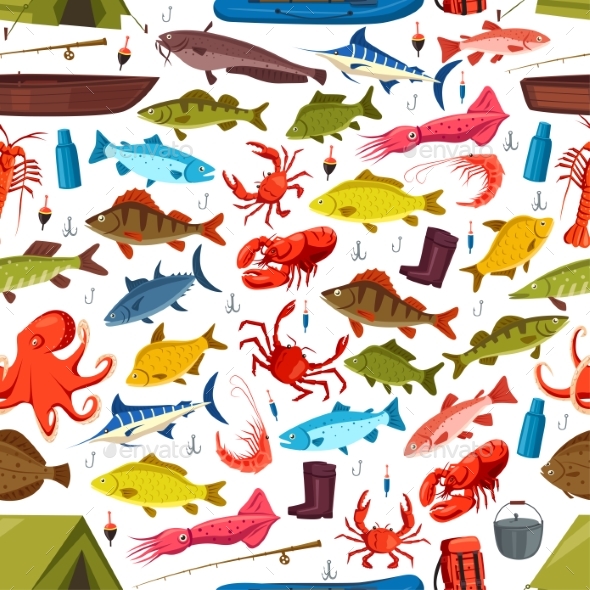 Fishes and Mollusks Fishing Vector Seamless - Miscellaneous Vectors