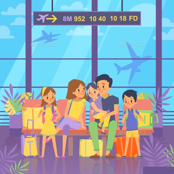 Family Goes on Vacation Sitting in Airport - People Characters