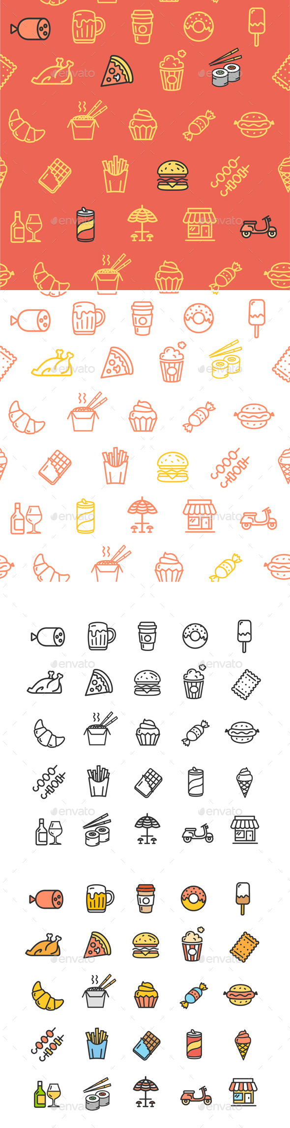 Fastfood and Street Food Color Thin Line Icon Set - Food Objects