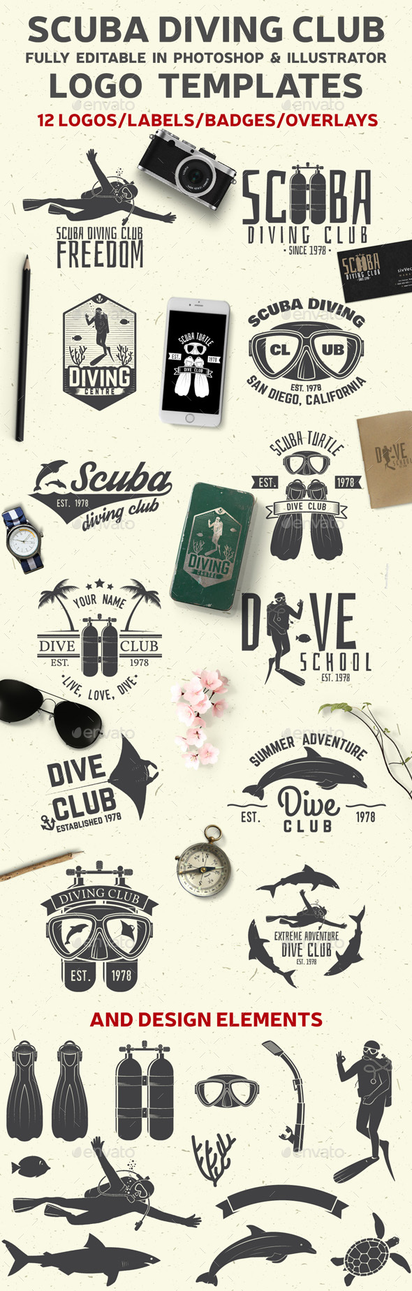 Set of Scuba Diving Clubs Badges - Badges & Stickers Web Elements