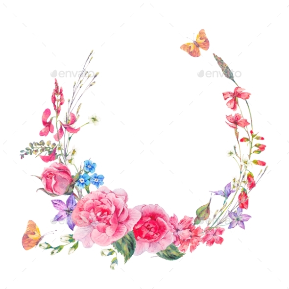Watercolor Wreath with Wildflowers and Roses - Miscellaneous Illustrations