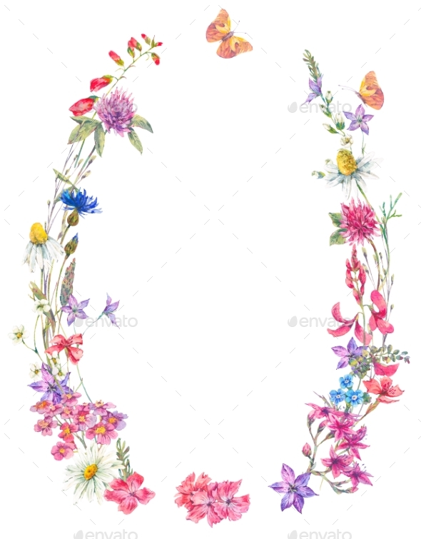Watercolor Summer Wreath with Wildflowers - Nature Backgrounds