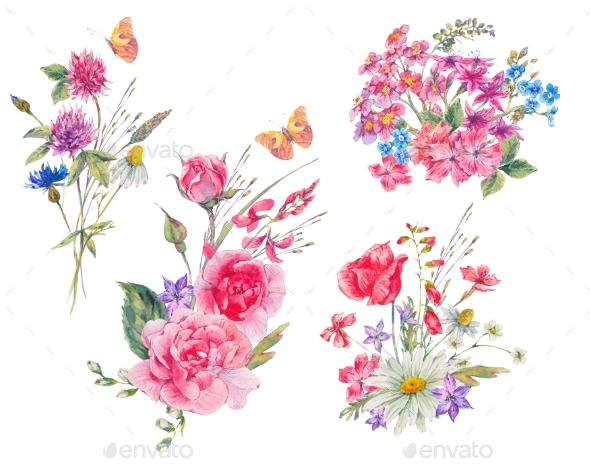 Watercolor Set of Vintage Bouquet of Garden - Nature Backgrounds
