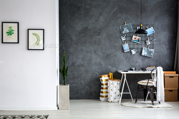 Home office with grey wall - Stock Photo - Images