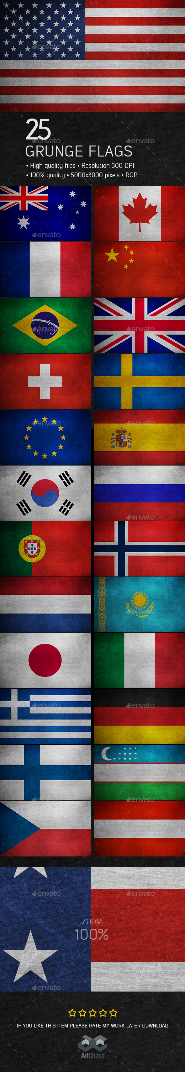 25 Grunge Flags - 25 Countries - Urban Backgrounds