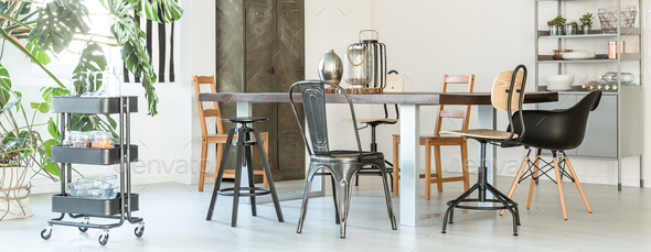 Metal chairs in dining room - Stock Photo - Images