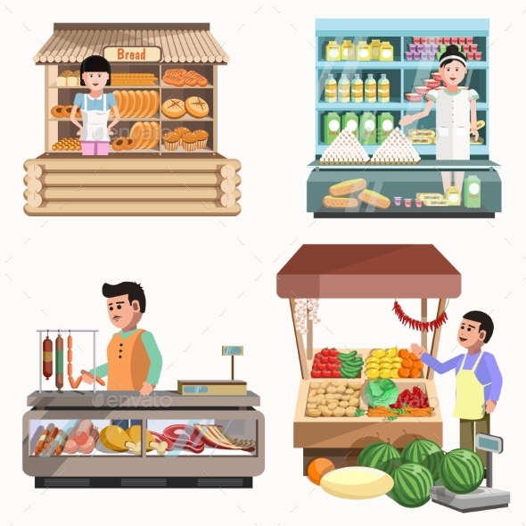 Sellers in Various Shops Colorful Poster on White - Food Objects
