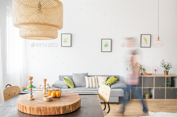 Functional apartment with wood table - Stock Photo - Images