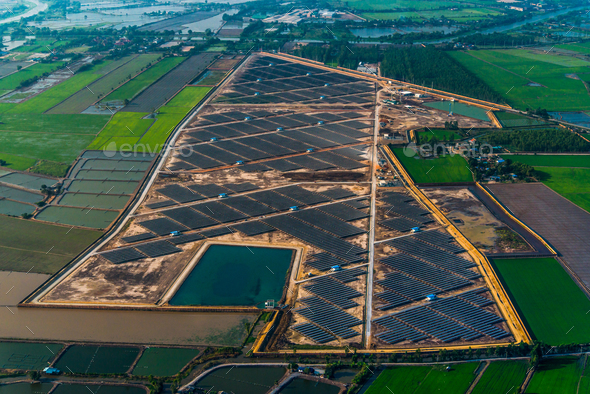 Solar panels solar farm photography from the air