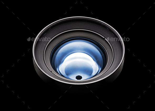 Black camera with blue lens - Stock Photo - Images