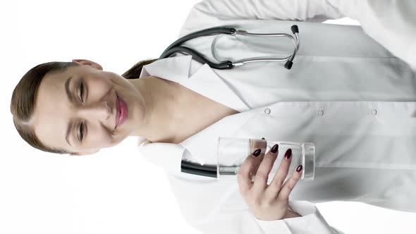 Vertical Shot Young Female Doctor Holds Glass of Clean Water and Shows Like Sign with Thumb Up