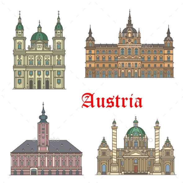 Austrian Travel Landmarks of Architecture Icon Set - Buildings Objects
